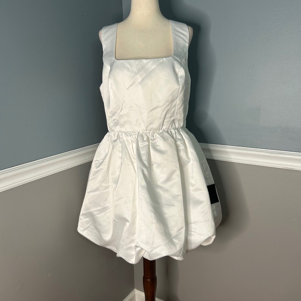 Lulus White Satin Bubble Hem Mini Dress Square Neck Scoop Back XL NEW